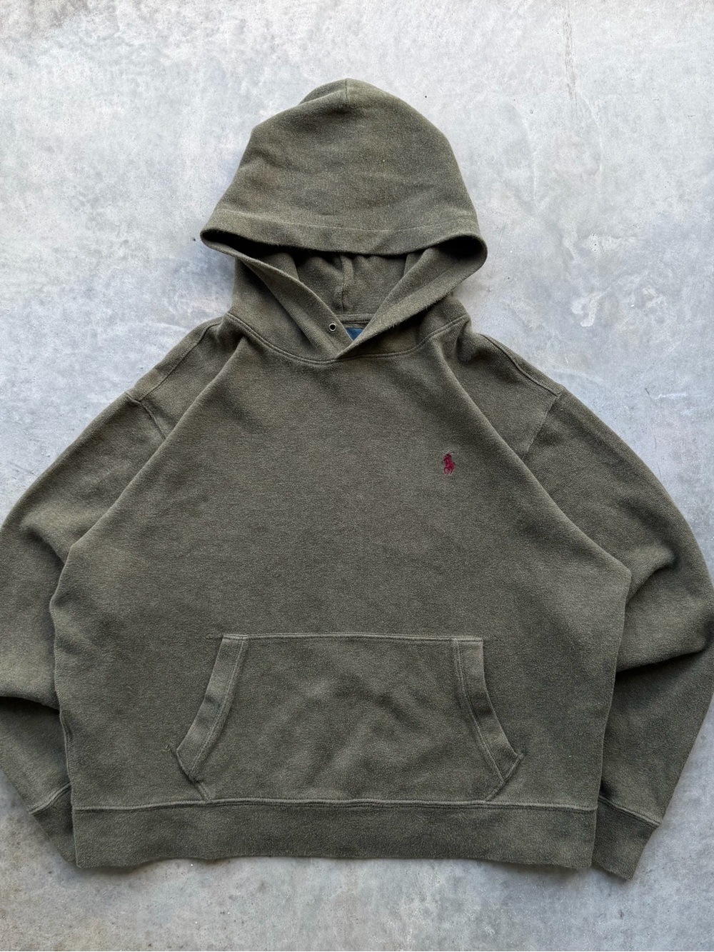 Vintage 90’s Polo Ralph Lauren Hoodie Suede Elbow Patch Olive Green Burgundy Pon